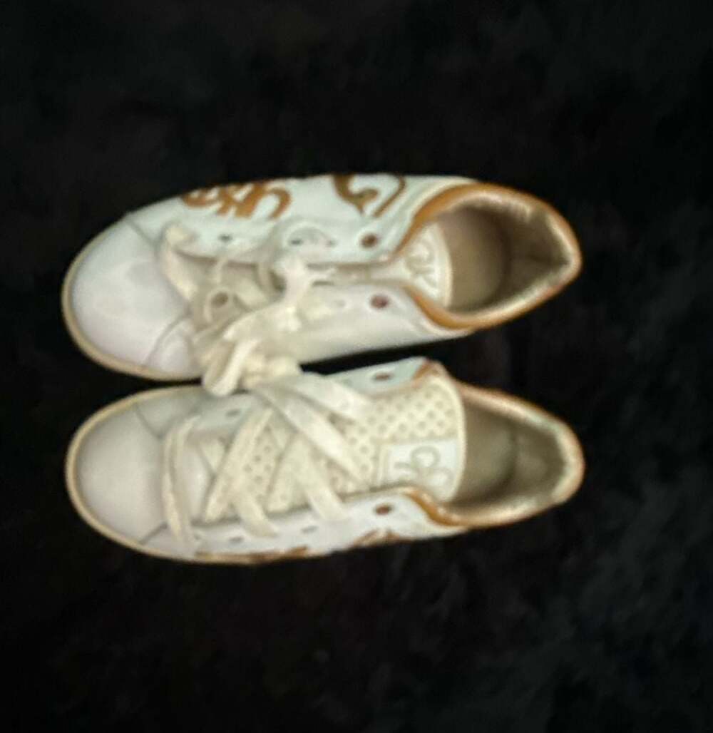 Baby Phat White and Gold Lace-Up Sneakers with Signature Cat Logo